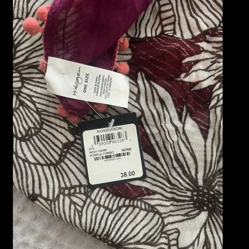 NWT HALOGEN Nordstrom Boho Rectangle Lightweight Scarf Wrap Floral Poms Eclectic
